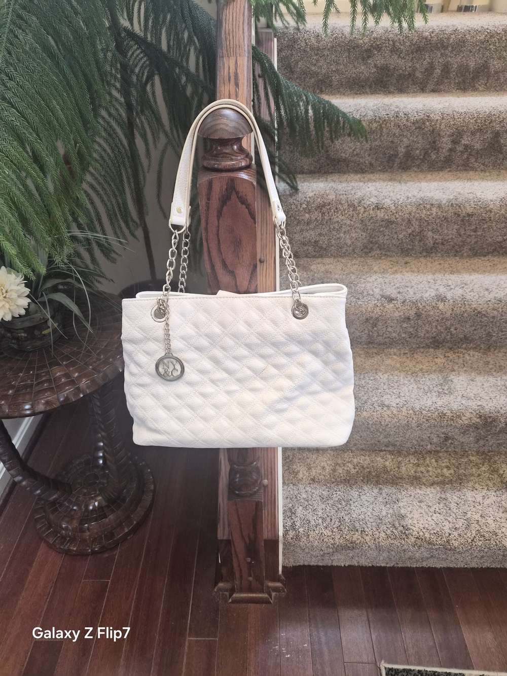 New York & Company Quilted White Chain-Handle Shoulder Bag